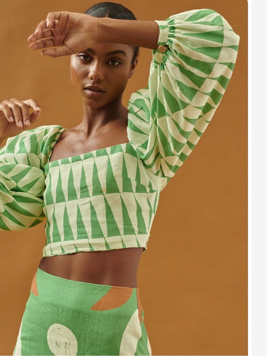 Maison D'am Geometric Green Puff Sleeve Crop Top